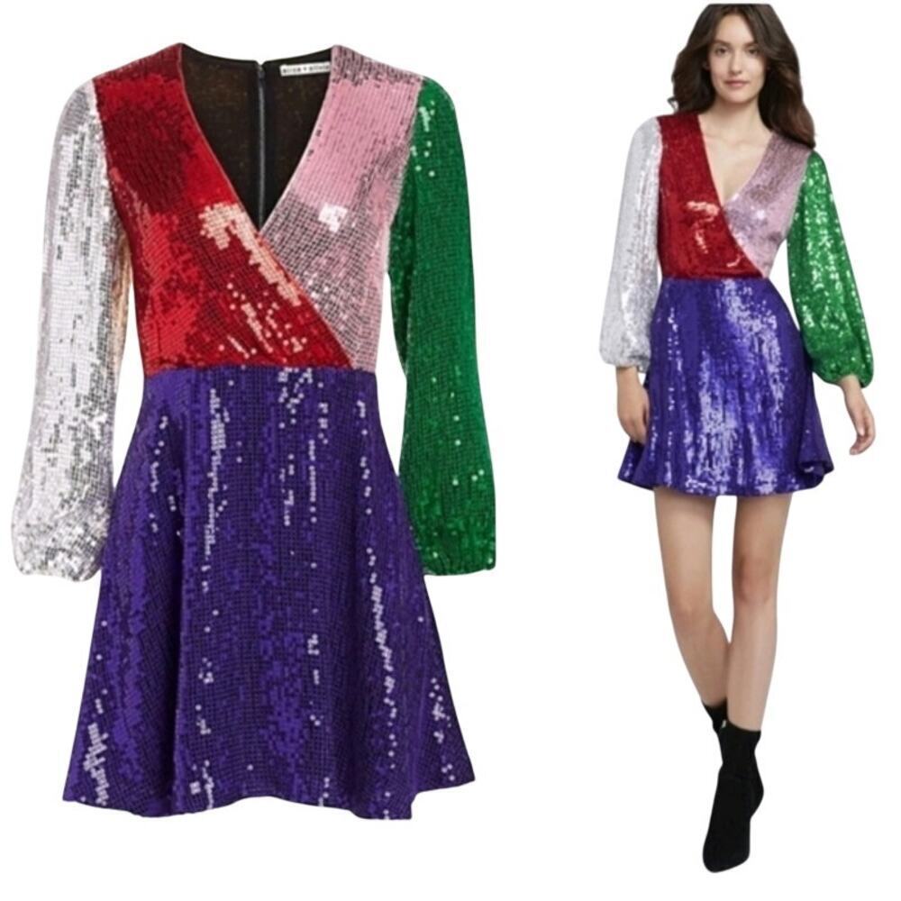 Alice + Olivia Blaze Colorblock Sequin Mini Dress Size 0 NWT Colorful Wrap Party